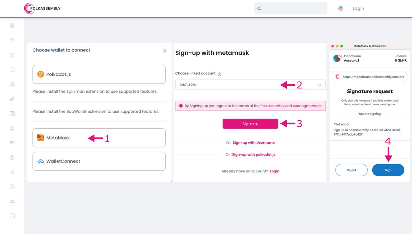 Login and sign-up page of Polkassembly