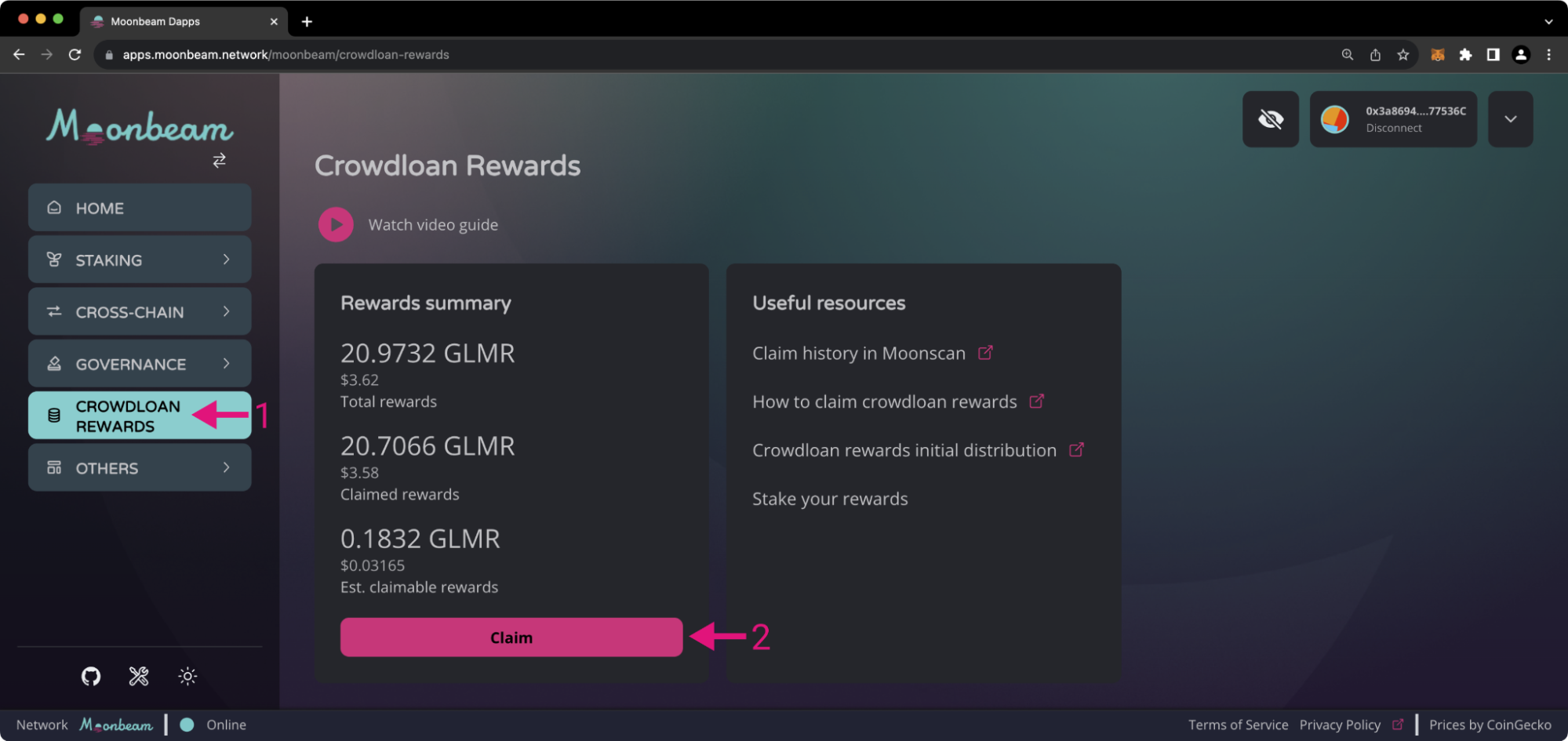 Moonbeam dApp interface for claiming GLMR rewards