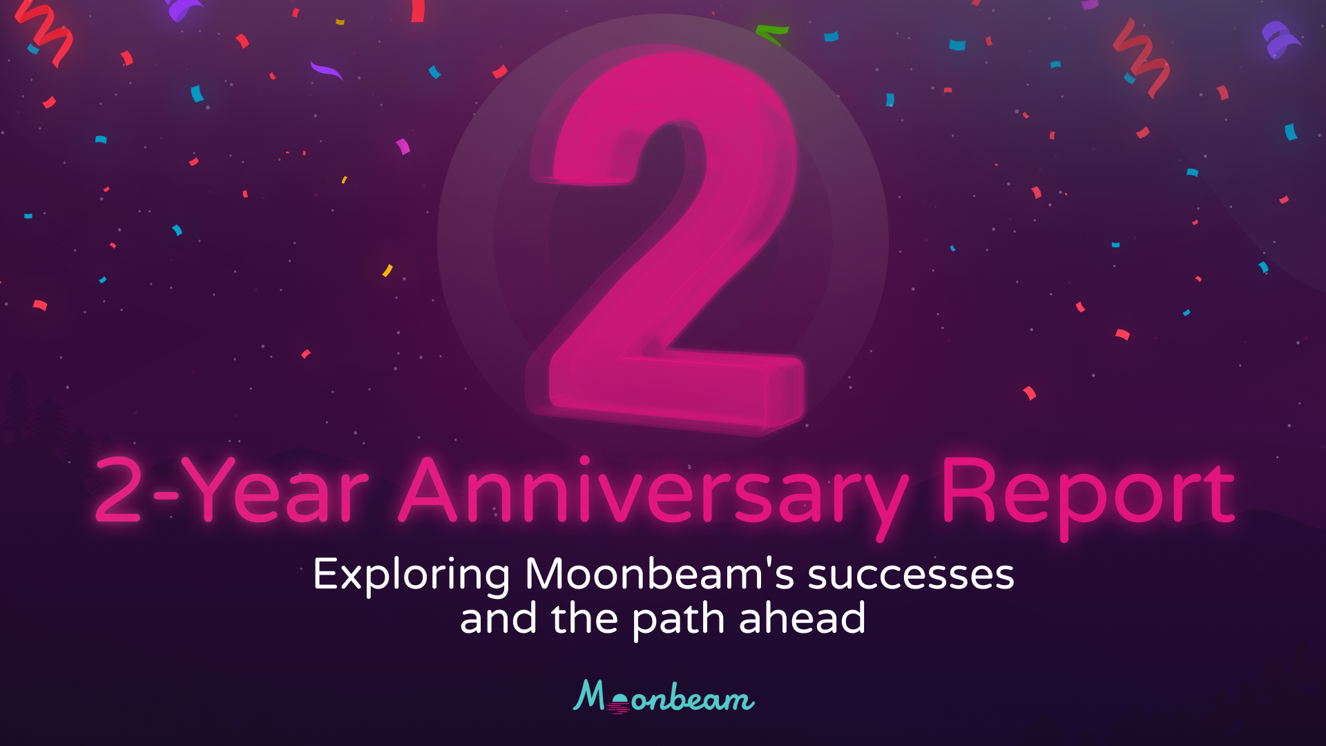 2-Year Anniversary Report cover with a large '2' and confetti, highlighting Moonbeam's successes and the path ahead
