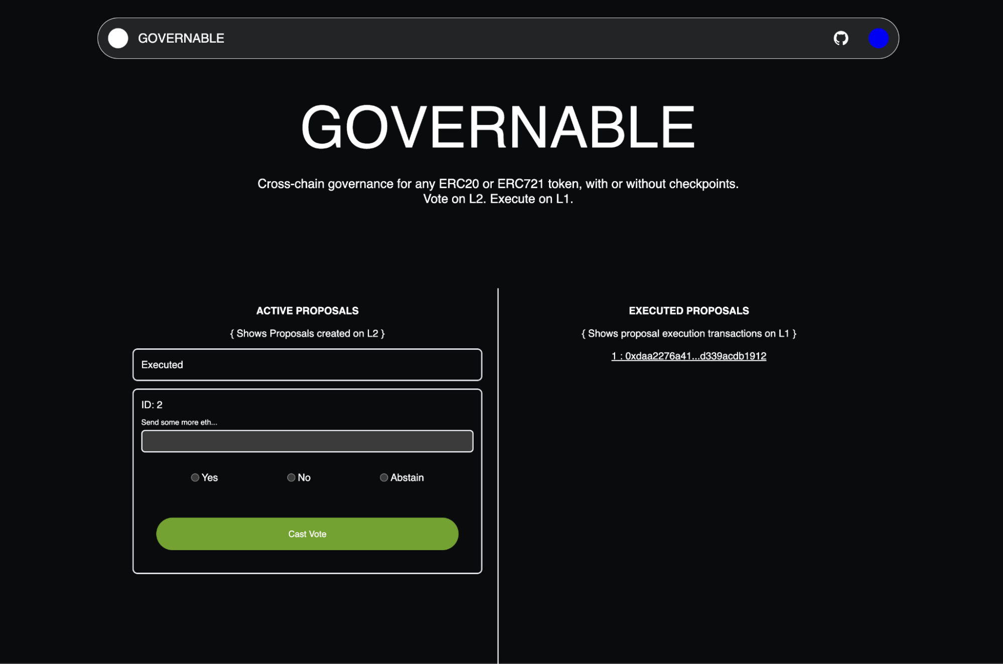 Governable dApp UI enabling cross-chain governance for any ERC20 or ERC721 token, with active proposals and executed proposals sections.