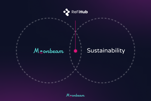 Conceptual image representing the collaboration between Moonbeam and ReFiHub to promote sustainability through blockchain technology
