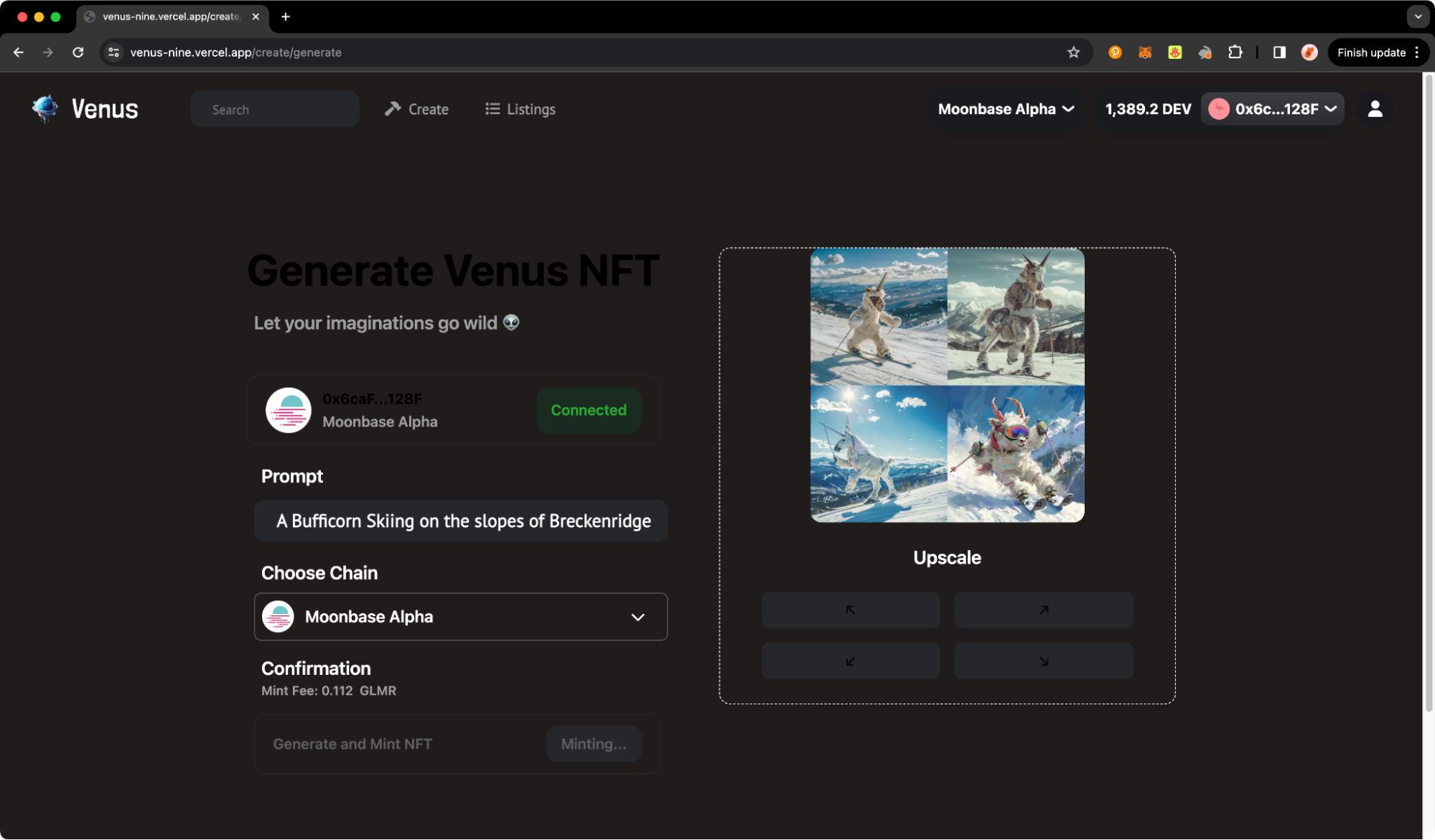 Venus cross-chain NFT marketplace on Moonbeam, with options to generate NFTs via AI prompts and trade them seamlessly across Ethereum, Polygon and other chains
